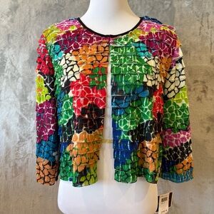 Madison Leigh Rainbow Colorful Art Deco Ruffle Cardigan Wmn’s Sz 10